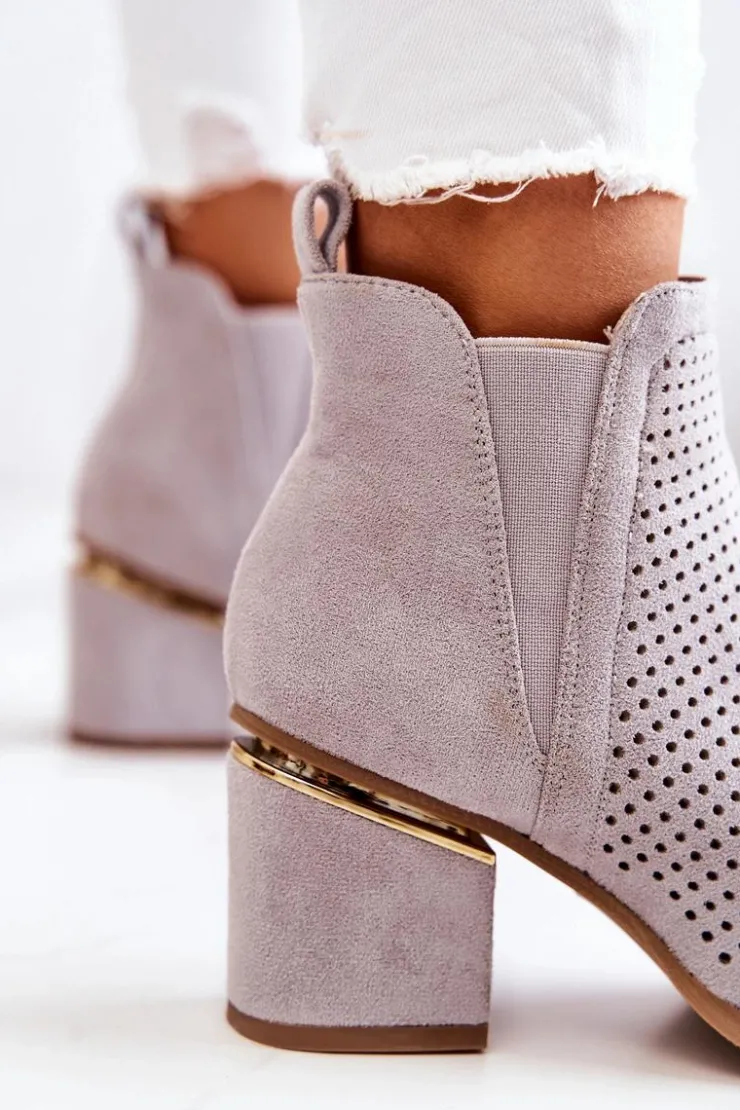 Damskie Boto Zamszowe Botki Kowbojki Ażurowe Szare Helloni