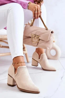 Damskie Boto Zamszowe Botki Kowbojki Ażurowe Beżowe Valerie