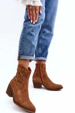 Damskie buty S.Barski Botki Wiosenne|Botki Skórzane*Zamszowe Botki Kowbojki Ażurowe D&A SN622-20 Camel