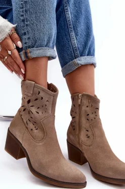 Sale Damskie buty S.Barski Zamszowe Botki Kowbojki Ażurowe D&A SN622-20 Ciemnobeżowe