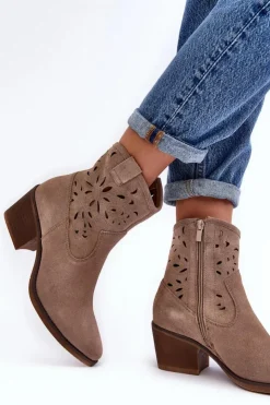 Sale Damskie buty S.Barski Zamszowe Botki Kowbojki Ażurowe D&A SN622-20 Ciemnobeżowe