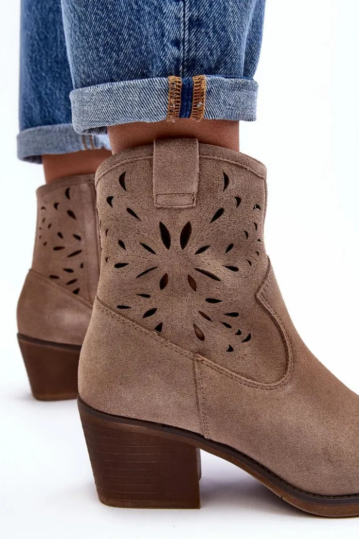 Sale Damskie buty S.Barski Zamszowe Botki Kowbojki Ażurowe D&A SN622-20 Ciemnobeżowe