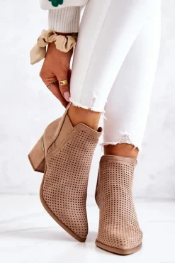 Clearance Boto Zamszowe Botki Kowbojki Ażurowe Ciemnobeżowe Helloni