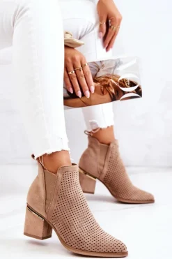 Clearance Boto Zamszowe Botki Kowbojki Ażurowe Ciemnobeżowe Helloni