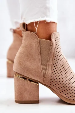 Clearance Boto Zamszowe Botki Kowbojki Ażurowe Ciemnobeżowe Helloni