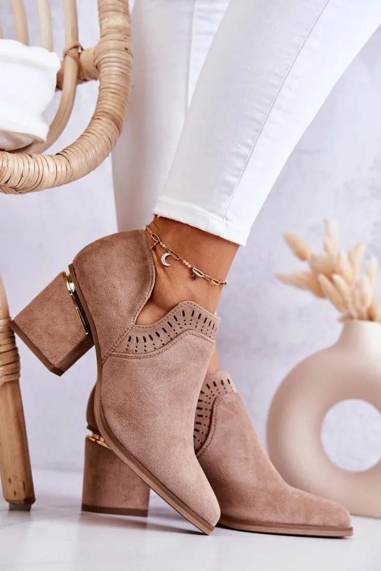 Discount Boto Zamszowe Botki Kowbojki Ażurowe Ciemnobeżowe Valerie