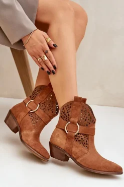 Damskie Zazoo Zamszowe Botki Kowbojki Ażurowe Na Obcasie 2994 Camel