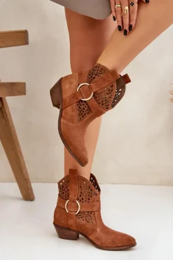 Damskie Zazoo Zamszowe Botki Kowbojki Ażurowe Na Obcasie 2994 Camel