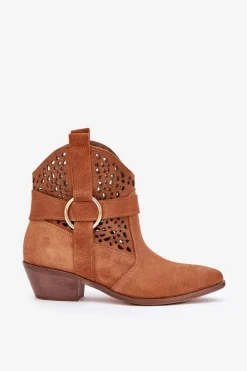 Damskie Zazoo Zamszowe Botki Kowbojki Ażurowe Na Obcasie 2994 Camel