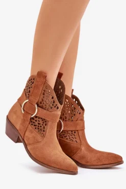 Damskie Zazoo Zamszowe Botki Kowbojki Ażurowe Na Obcasie 2994 Camel