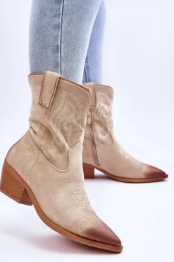 Damskie Boto Zamszowe Botki Kowbojki Beżowe Klaira