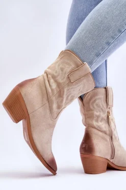 Damskie Boto Zamszowe Botki Kowbojki Beżowe Klaira