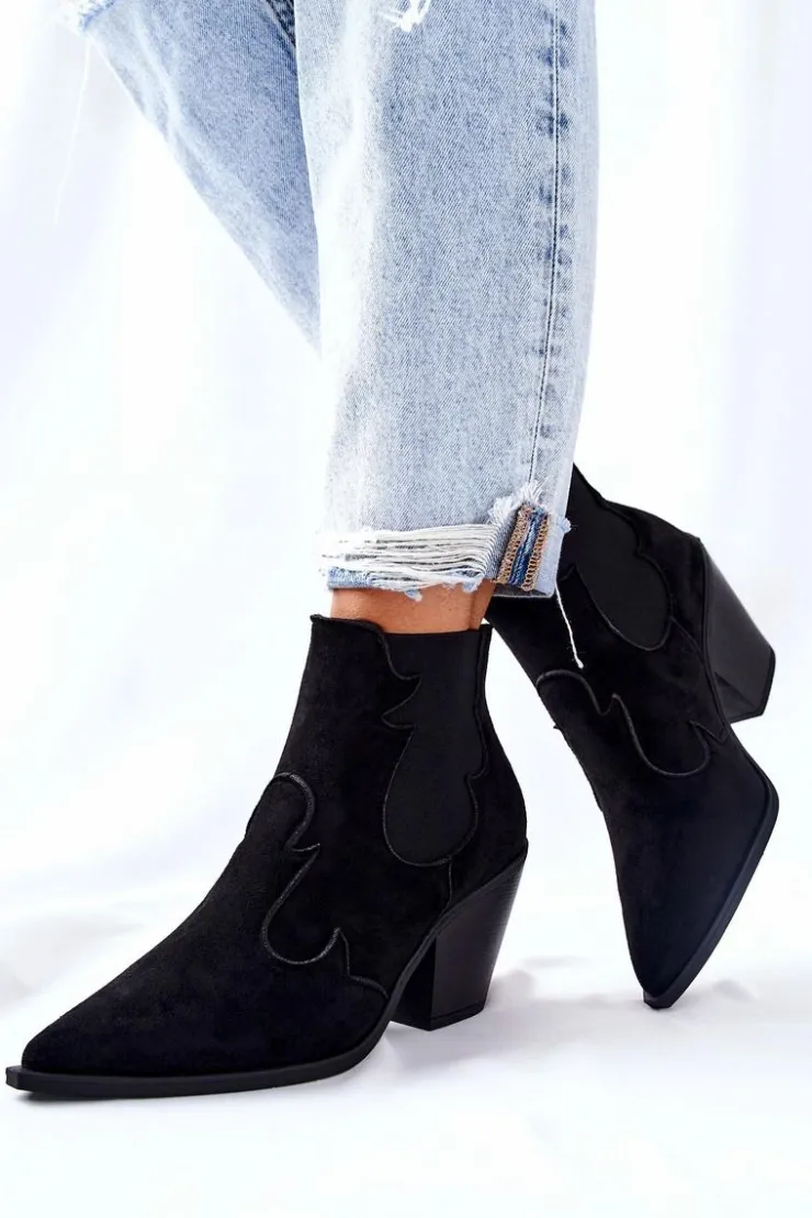 Boto Czarne Botki|Botki Zimowe Damskie*Zamszowe Botki Kowbojki Czarne Maurelle