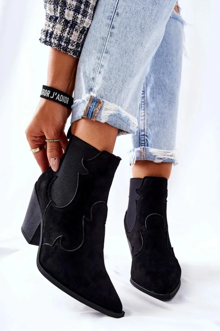 Boto Czarne Botki|Botki Zimowe Damskie*Zamszowe Botki Kowbojki Czarne Maurelle