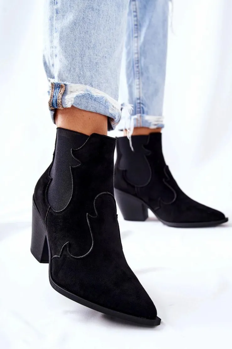 Boto Czarne Botki|Botki Zimowe Damskie*Zamszowe Botki Kowbojki Czarne Maurelle