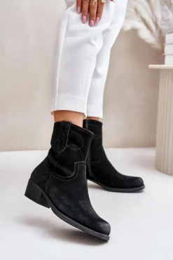 Buty Sergio Leone Botki Ocieplane|Czarne Botki*Zamszowe Botki Kowbojki Damskie Na Niskim Obcasie Ocieplane Sergio Leone BT284-S Czarne