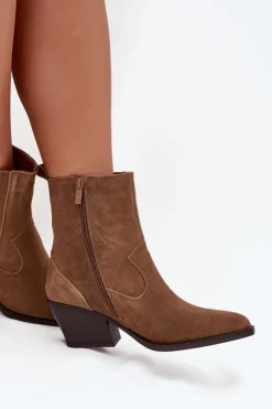 Boto Botki Ocieplane|Botki Na Słupku*Zamszowe Botki Kowbojki Damskie Na Słupku Ocieplane Camel Dylira