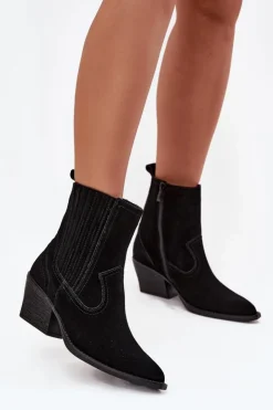 Damskie Boto Zamszowe Botki Kowbojki Damskie Na Słupku Ocieplane Czarne Dylira