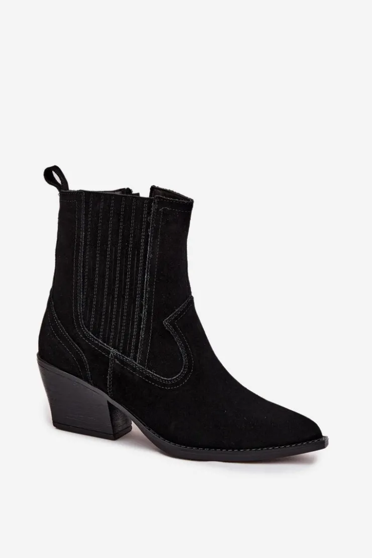 Damskie Boto Zamszowe Botki Kowbojki Damskie Na Słupku Ocieplane Czarne Dylira