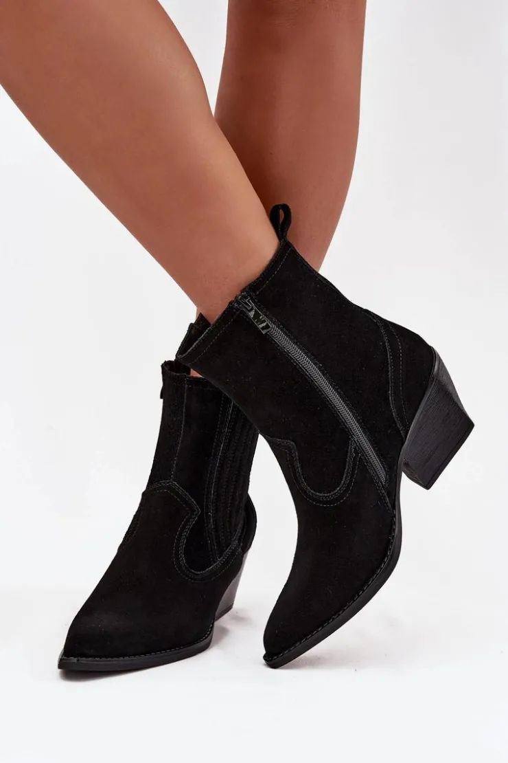 Damskie Boto Zamszowe Botki Kowbojki Damskie Na Słupku Ocieplane Czarne Dylira