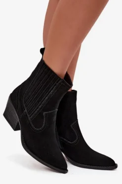 Damskie Boto Zamszowe Botki Kowbojki Damskie Na Słupku Ocieplane Czarne Dylira