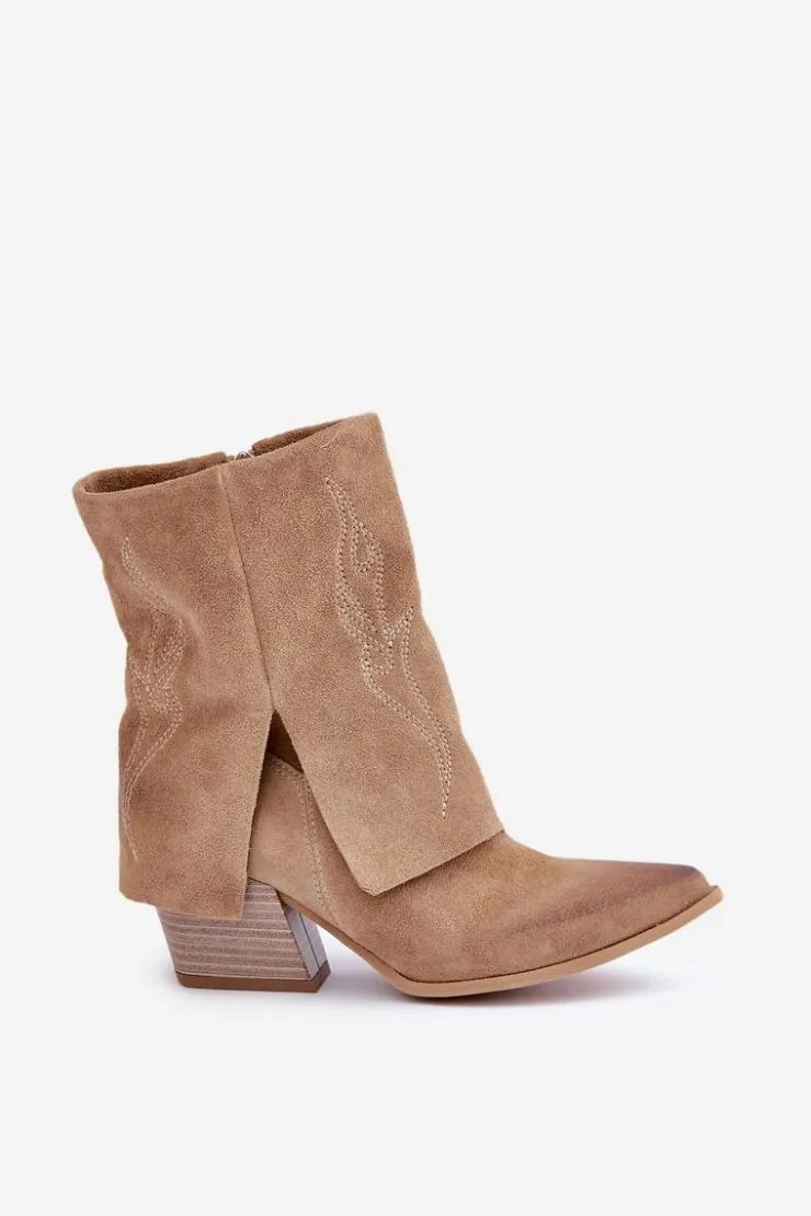 Damskie Zazoo Zamszowe Botki Kowbojki Na Słupku Z Wywiniętą Cholewką 3488 Beżowe