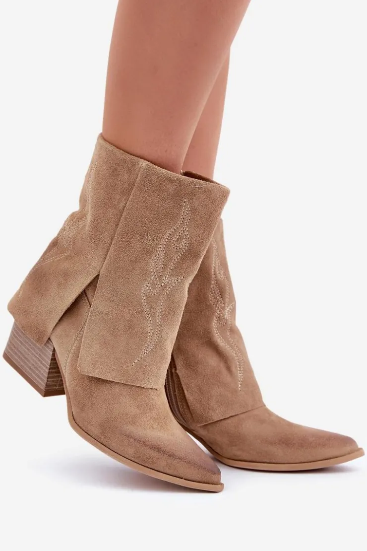 Damskie Zazoo Zamszowe Botki Kowbojki Na Słupku Z Wywiniętą Cholewką 3488 Beżowe