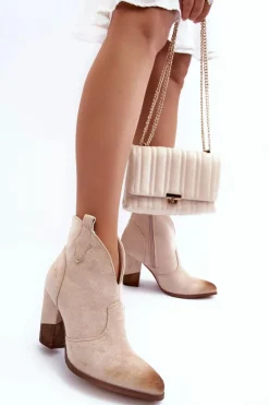 Damskie Boto Zamszowe Botki Kowbojki Na Słupku Jasnobeżowe Tanner