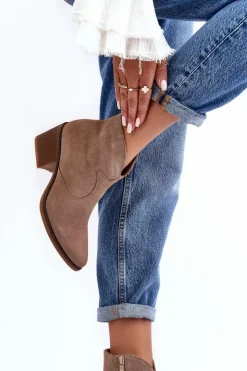 Damskie Damskie buty S.Barski Zamszowe Botki Kowbojki Na Suwak D&A SN622-29 Ciemnobeżowe