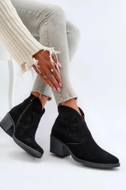 Hot Damskie buty S.Barski Zamszowe Botki Kowbojki Na Suwak D&A SN622-29 Czarne