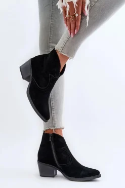Hot Damskie buty S.Barski Zamszowe Botki Kowbojki Na Suwak D&A SN622-29 Czarne