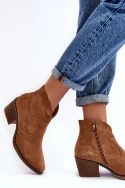 Sale Damskie buty S.Barski Zamszowe Botki Kowbojki Na Suwak D&A SN622-29 Camel