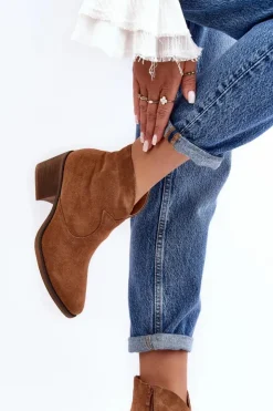 Sale Damskie buty S.Barski Zamszowe Botki Kowbojki Na Suwak D&A SN622-29 Camel