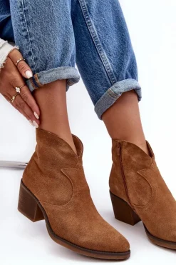 Sale Damskie buty S.Barski Zamszowe Botki Kowbojki Na Suwak D&A SN622-29 Camel