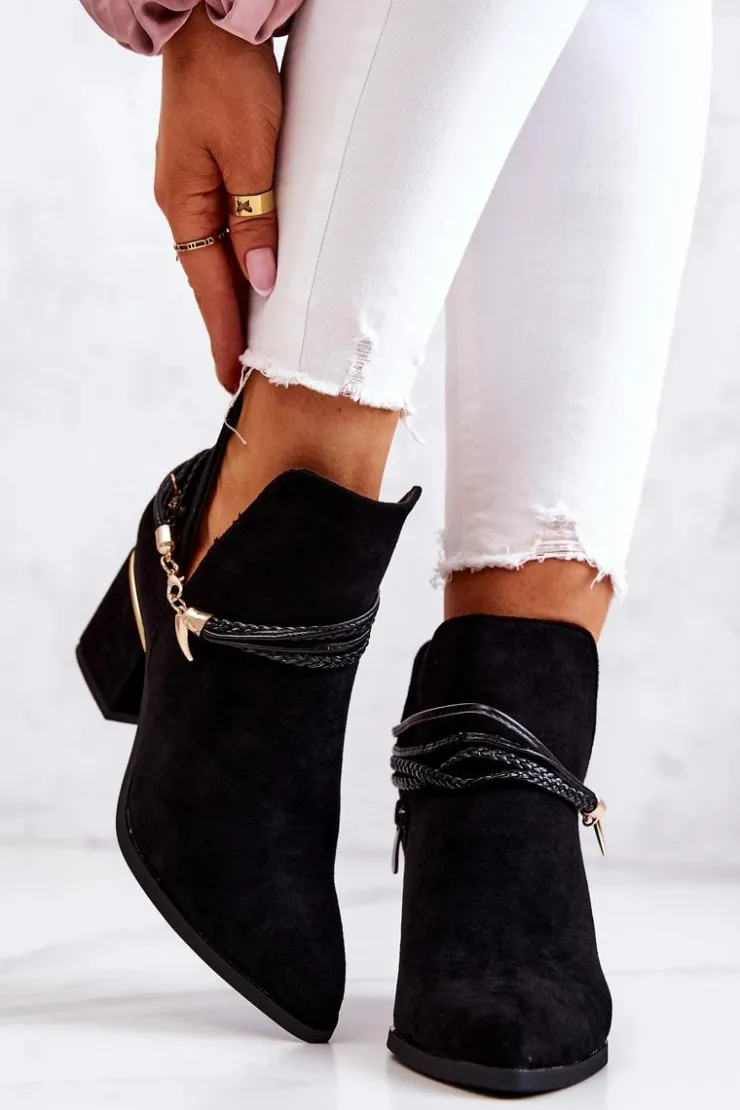 Boto Botki Wiosenne|Botki Na Słupku*Zamszowe Botki Kowbojki Z Paskami Czarne Inessa