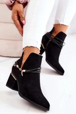 Boto Botki Wiosenne|Botki Na Słupku*Zamszowe Botki Kowbojki Z Paskami Czarne Inessa