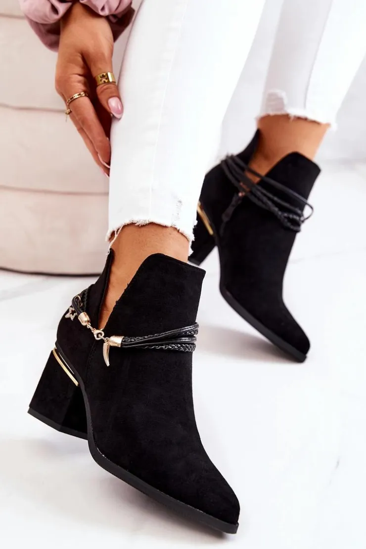 Boto Botki Wiosenne|Botki Na Słupku*Zamszowe Botki Kowbojki Z Paskami Czarne Inessa