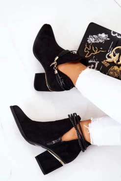 Boto Botki Wiosenne|Botki Na Słupku*Zamszowe Botki Kowbojki Z Paskami Czarne Inessa