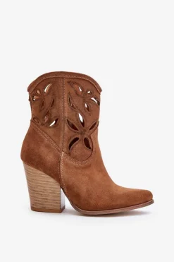 Damskie Boto Zamszowe Botki Kowbojki Z Ażurowym Wzorem Lewski 3612 Brązowe