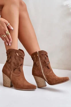 Damskie Boto Zamszowe Botki Kowbojki Z Ażurowym Wzorem Lewski 3612 Brązowe