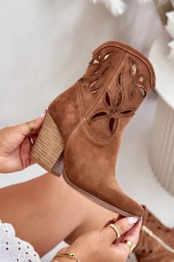 Damskie Boto Zamszowe Botki Kowbojki Z Ażurowym Wzorem Lewski 3612 Brązowe