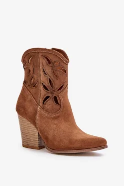 Damskie Boto Zamszowe Botki Kowbojki Z Ażurowym Wzorem Lewski 3612 Brązowe