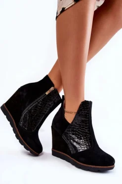Boto Botki Wiosenne|Botki Na Koturnie*Zamszowe Botki Na Koturnie Krokodyli Wzór Czarne Alda