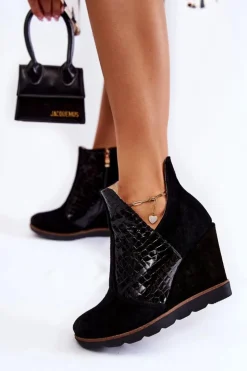 Boto Botki Wiosenne|Botki Na Koturnie*Zamszowe Botki Na Koturnie Krokodyli Wzór Czarne Alda