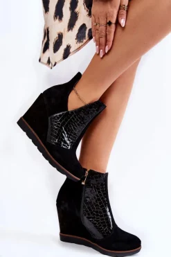 Boto Botki Wiosenne|Botki Na Koturnie*Zamszowe Botki Na Koturnie Krokodyli Wzór Czarne Alda