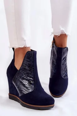Boto Botki Wiosenne|Botki Na Koturnie*Zamszowe Botki Na Koturnie Krokodyli Wzór Granatowe Alda