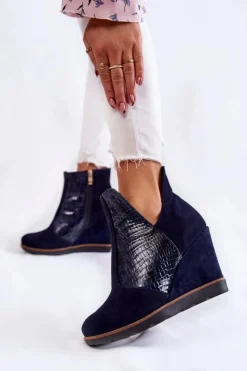 Boto Botki Wiosenne|Botki Na Koturnie*Zamszowe Botki Na Koturnie Krokodyli Wzór Granatowe Alda