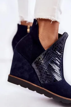 Boto Botki Wiosenne|Botki Na Koturnie*Zamszowe Botki Na Koturnie Krokodyli Wzór Granatowe Alda