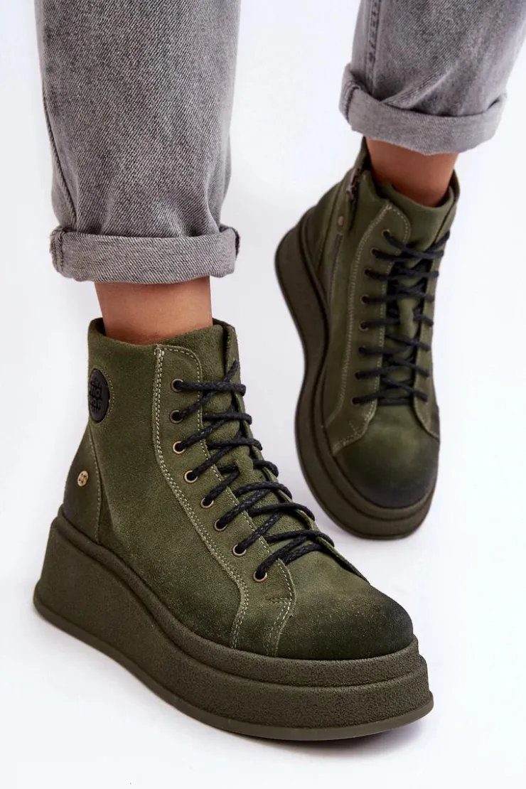 Discount Maciejka Zamszowe Botki Na Masywnej Platformie 06309-24 Oliwkowe