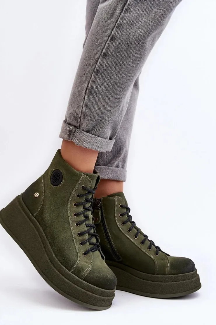 Discount Maciejka Zamszowe Botki Na Masywnej Platformie 06309-24 Oliwkowe